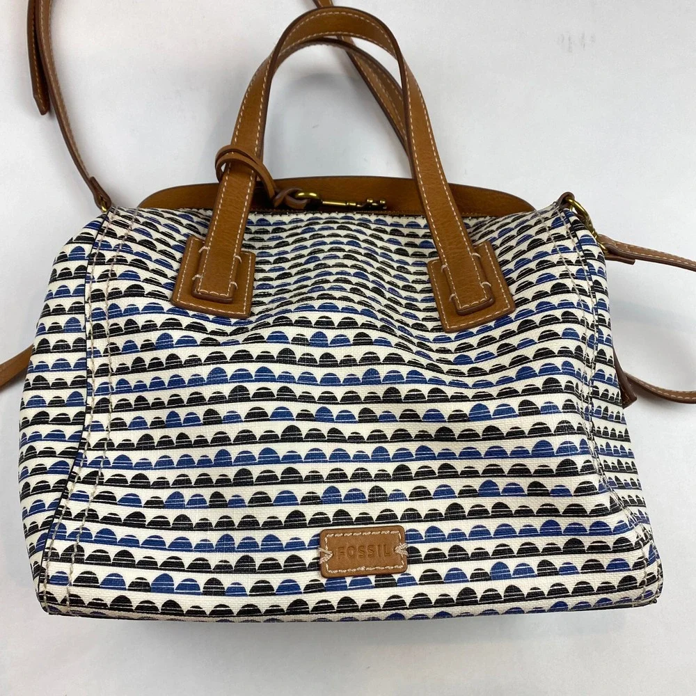 Fossil Emma Satchel Handbag Purse With Matching NWT Wallet, Blue Black Print